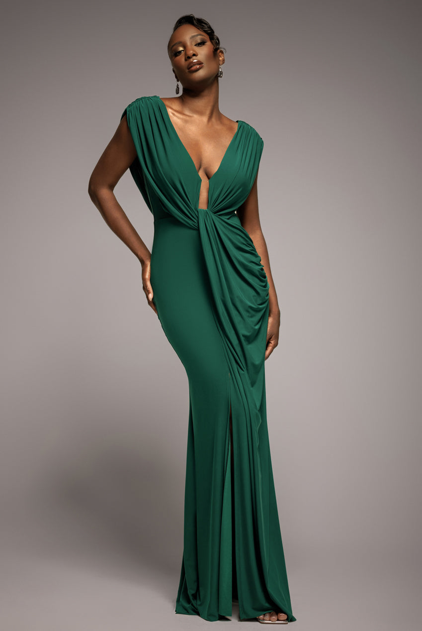 Goddiva Cowl Plunge Draped Mermaid Maxi Dress