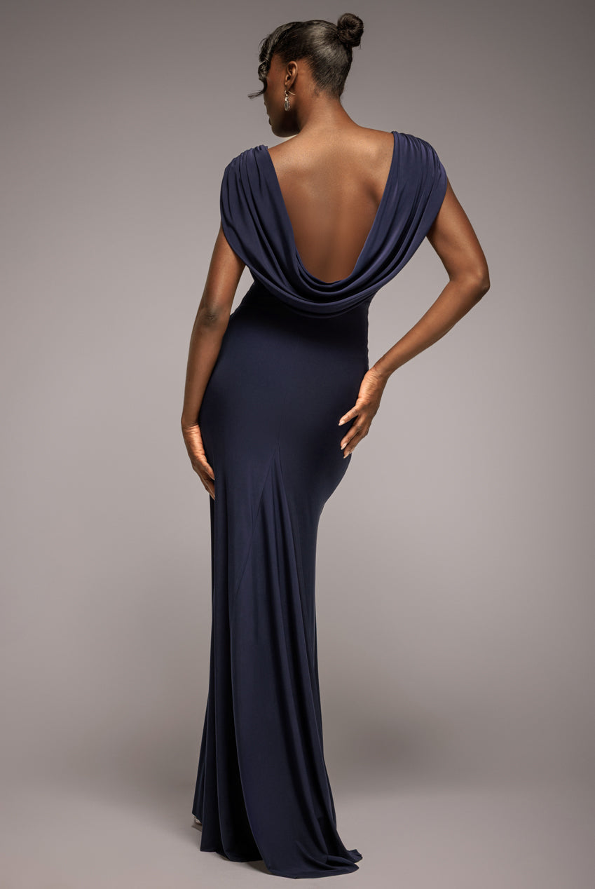 Goddiva Cowl Plunge Draped Mermaid Maxi Dress