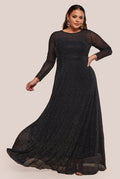Goddiva Plus Hotfix Diamante Mesh A-Line Long Sleeve Maxi Dress