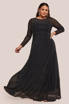 Goddiva Plus Hotfix Diamante Mesh A-Line Long Sleeve Maxi Dress