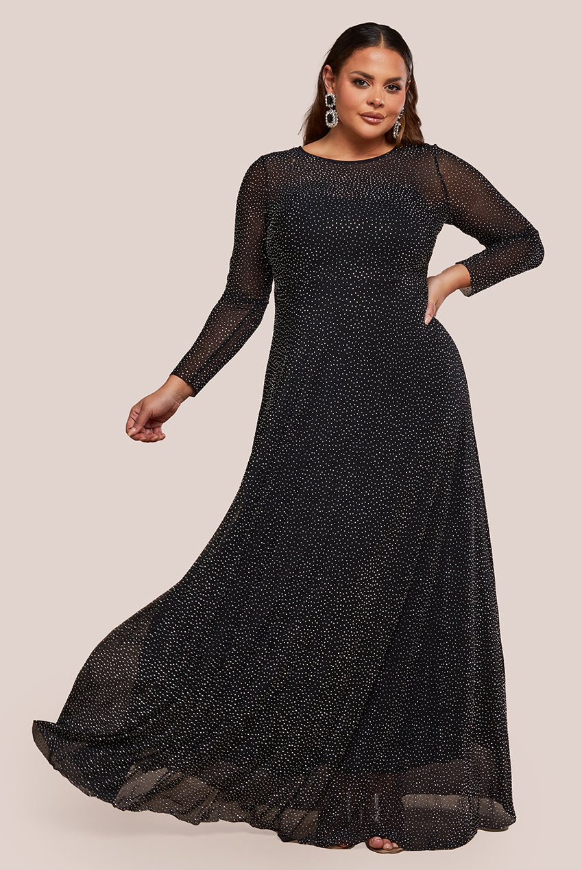 Goddiva Plus Hotfix Diamante Mesh A-Line Long Sleeve Maxi Dress
