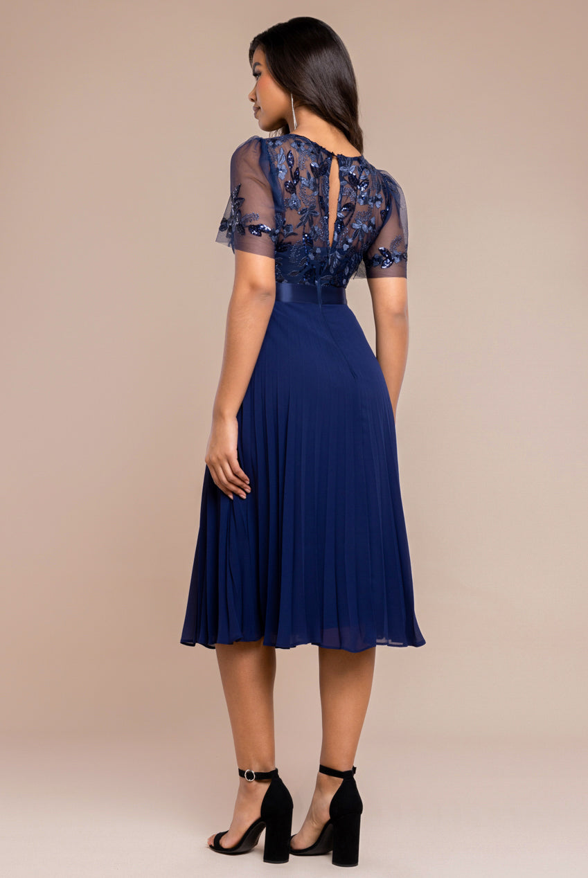 Goddiva Embroidered Top Chiffon Pleated Midi